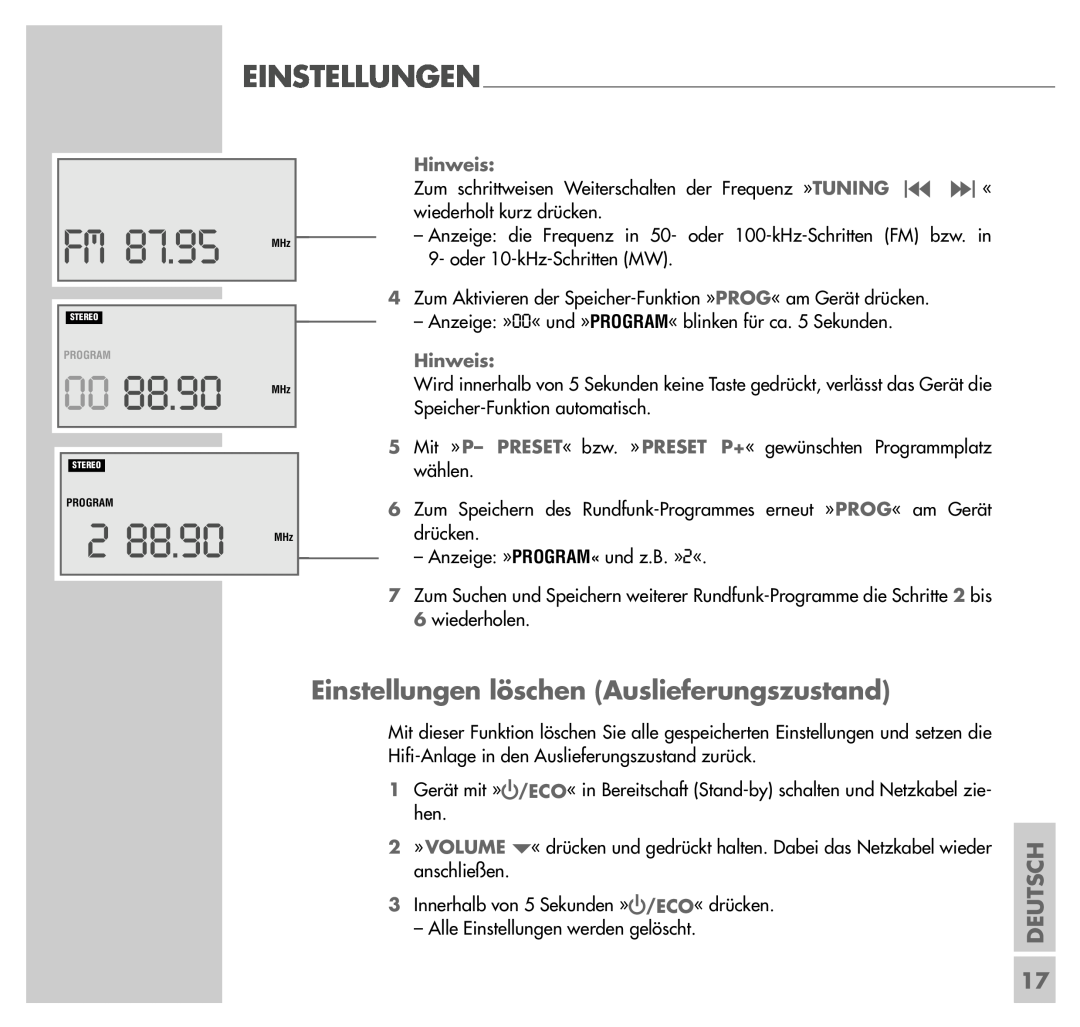 Grundig UMS 4200 manual Einstellungen löschen Auslieferungszustand, Deutsch, Hinweis 