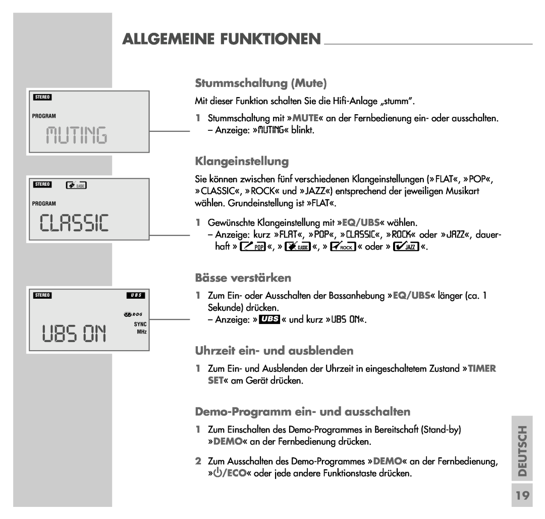 Grundig UMS 4200 manual Muting, Classic, Ubs On, Stummschaltung Mute, Klangeinstellung, Bässe verstärken, Deutsch 