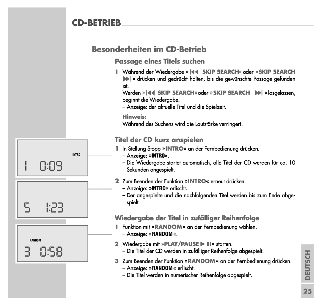 Grundig UMS 4200 I 0 09, Besonderheiten im CD-Betrieb, Passage eines Titels suchen, Titel der CD kurz anspielen, Deutsch 