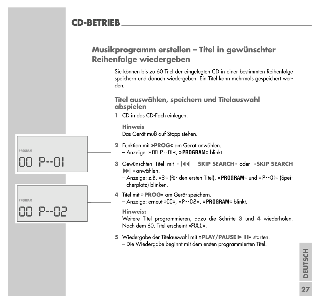 Grundig UMS 4200 manual 00 P--0I, 00 P--02, Deutsch, Hinweis 
