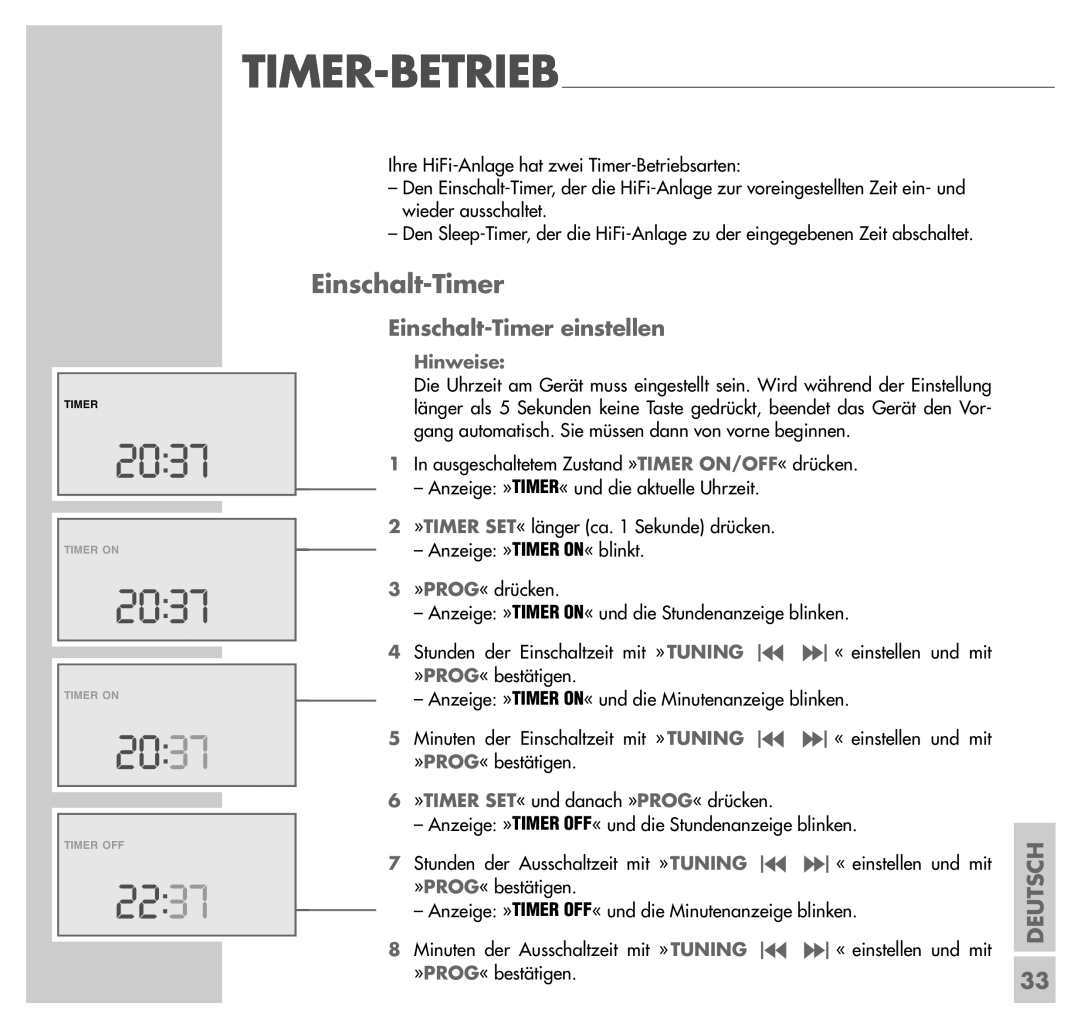 Grundig UMS 4200 manual Einschalt-Timereinstellen, Deutsch, Hinweise 