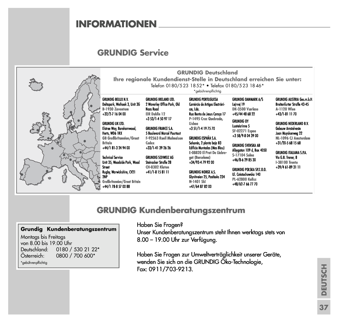 Grundig UMS 4200 manual GRUNDIG Service, GRUNDIG Deutschland, Grundig Kundenberatungszentrum 