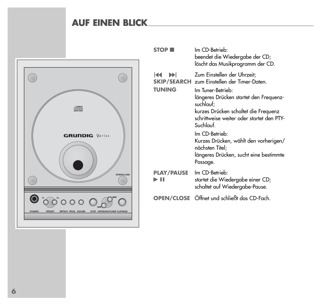 Grundig UMS 4200 manual Stop, Skip/Search, Tuning, Play/Pause, Open/Close 