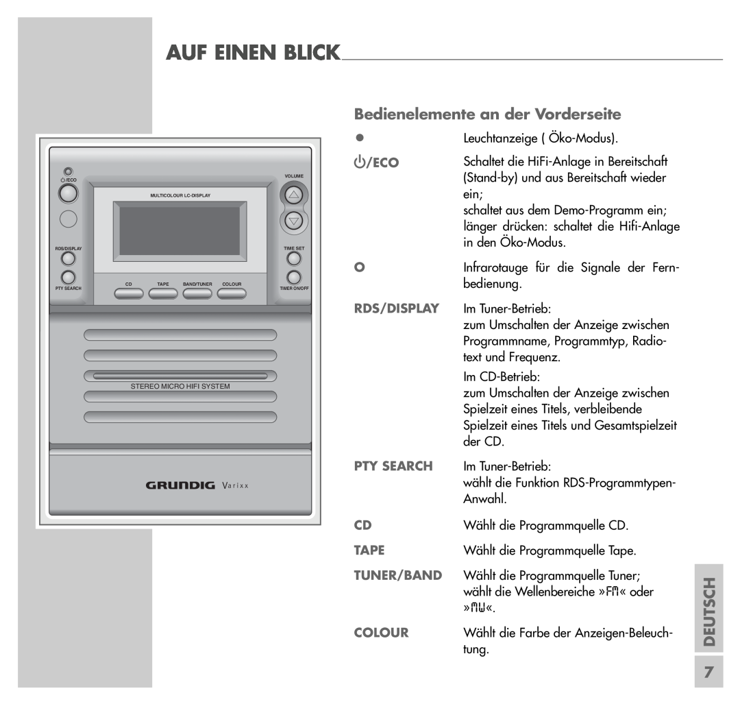 Grundig UMS 4200 manual Bedienelemente an der Vorderseite, Rds/Display, Pty Search, Tape, Tuner/Band, Colour, Deutsch 
