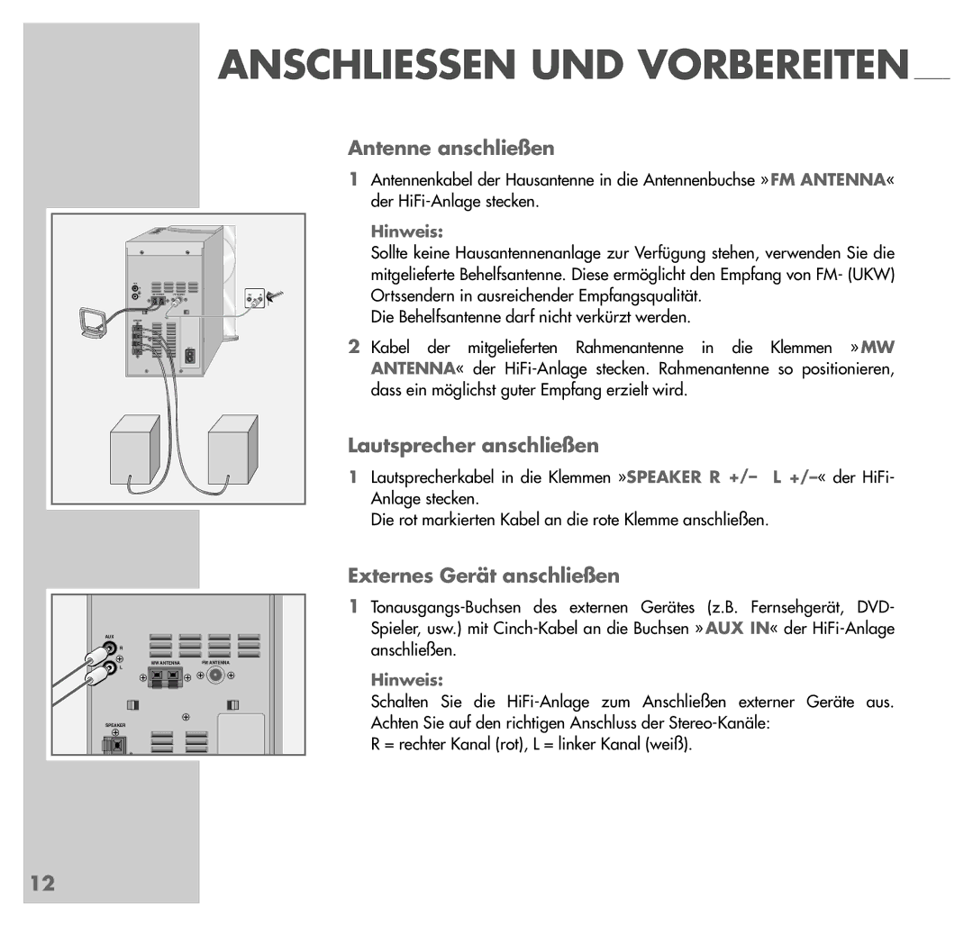 Grundig UMS 4201 SPCD manual Antenne anschließen, Lautsprecher anschließen, Externes Gerät anschließen 