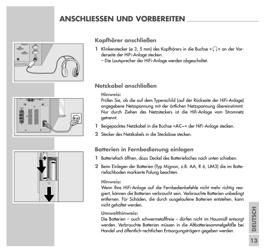 Grundig UMS 4201 SPCD manual Kopfhörer anschließen, Netzkabel anschließen, Batterien in Fernbedienung einlegen 