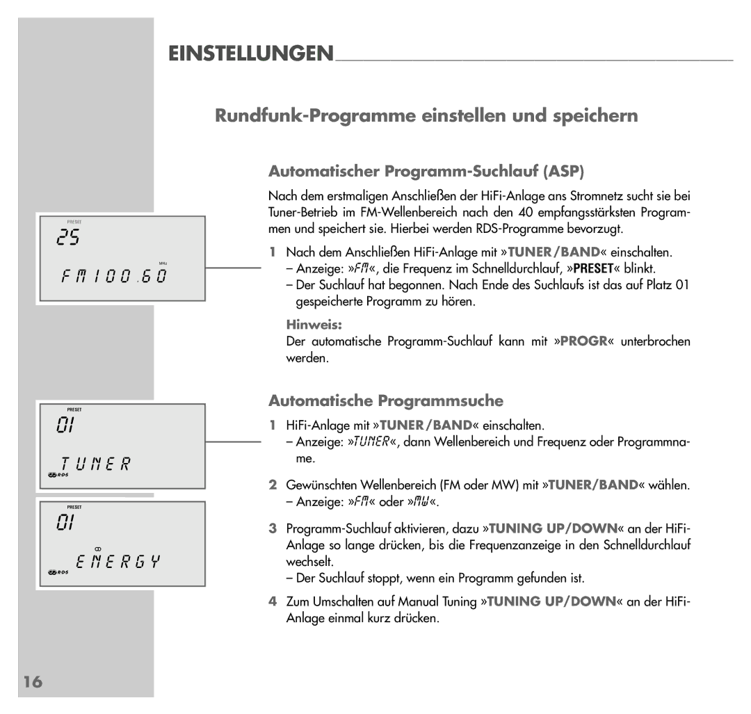 Grundig UMS 4201 SPCD Rundfunk-Programme einstellen und speichern, N E R, E R G Y, Automatischer Programm-Suchlauf ASP 