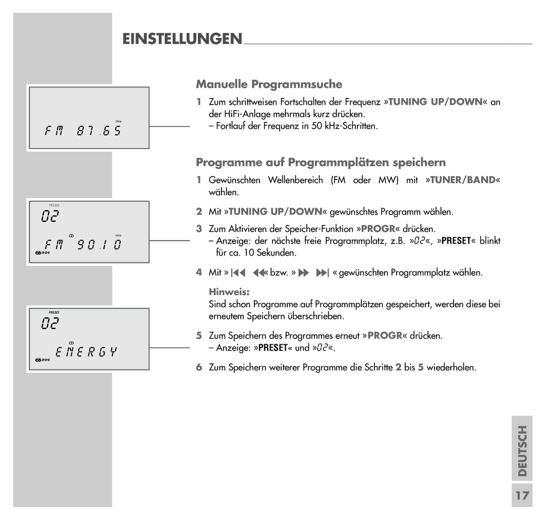 Grundig UMS 4201 SPCD manual Manuelle Programmsuche, Programme auf Programmplätzen speichern 