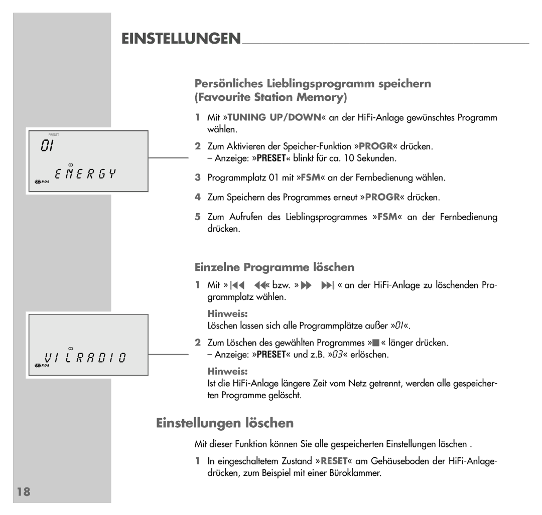 Grundig UMS 4201 SPCD manual Einstellungen löschen, E R G Y L R a D I O, Einzelne Programme löschen 