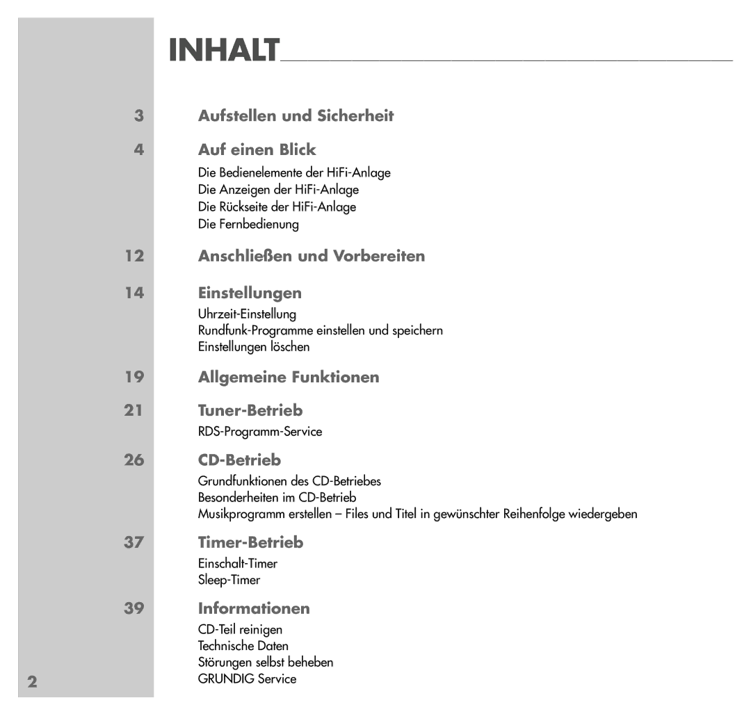 Grundig UMS 4201 SPCD Aufstellen und Sicherheit Auf einen Blick, Anschließen und Vorbereiten, Einstellungen, Tuner-Betrieb 