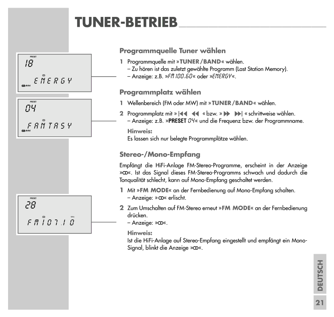 Grundig UMS 4201 SPCD manual N T a S Y, Programmquelle Tuner wählen, Programmplatz wählen, Stereo-/Mono-Empfang 