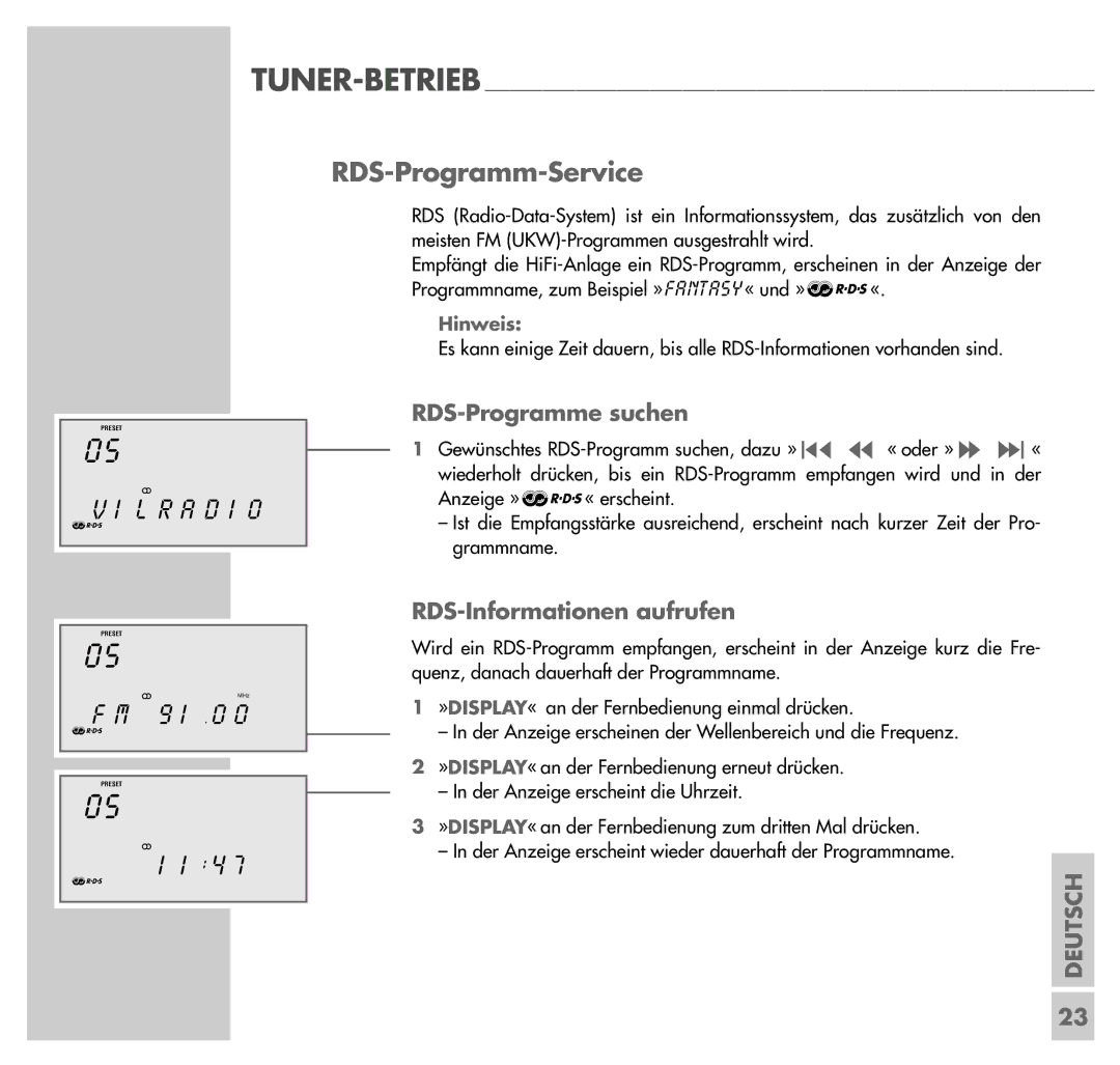 Grundig UMS 4201 SPCD manual RDS-Programm-Service, RDS-Programme suchen, RDS-Informationen aufrufen 