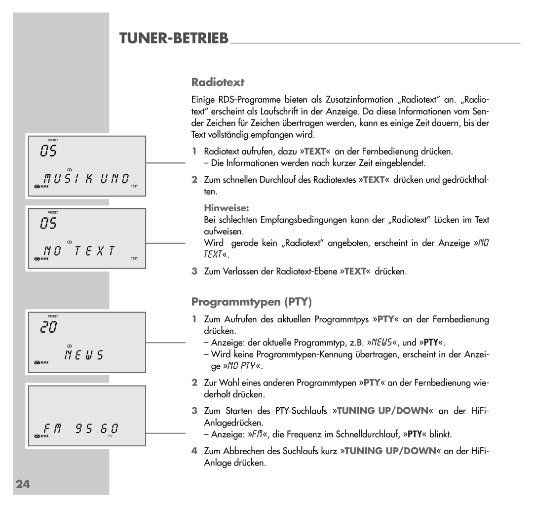 Grundig UMS 4201 SPCD manual X T, W S, Radiotext, Programmtypen PTY 