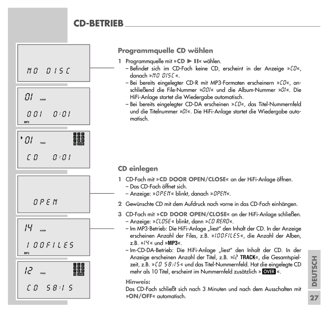 Grundig UMS 4201 SPCD manual S C, Programmquelle CD wählen, CD einlegen 