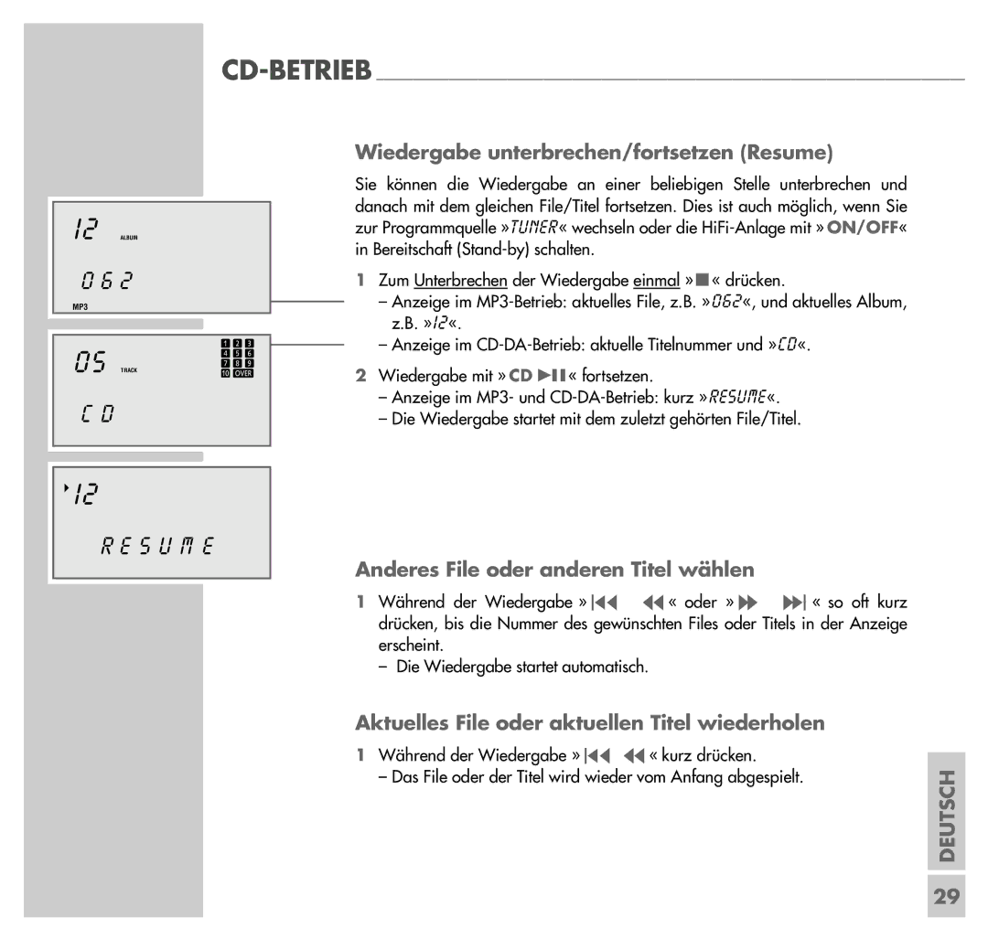 Grundig UMS 4201 SPCD manual S U M E, Wiedergabe unterbrechen/fortsetzen Resume, Anderes File oder anderen Titel wählen 