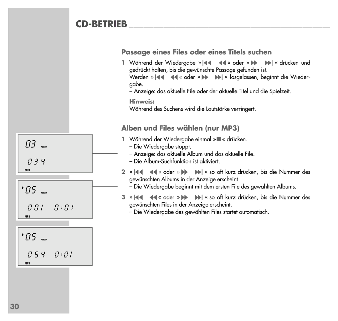 Grundig UMS 4201 SPCD manual Passage eines Files oder eines Titels suchen, Alben und Files wählen nur MP3 