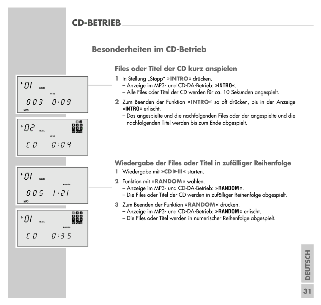 Grundig UMS 4201 SPCD manual Besonderheiten im CD-Betrieb, Files oder Titel der CD kurz anspielen 