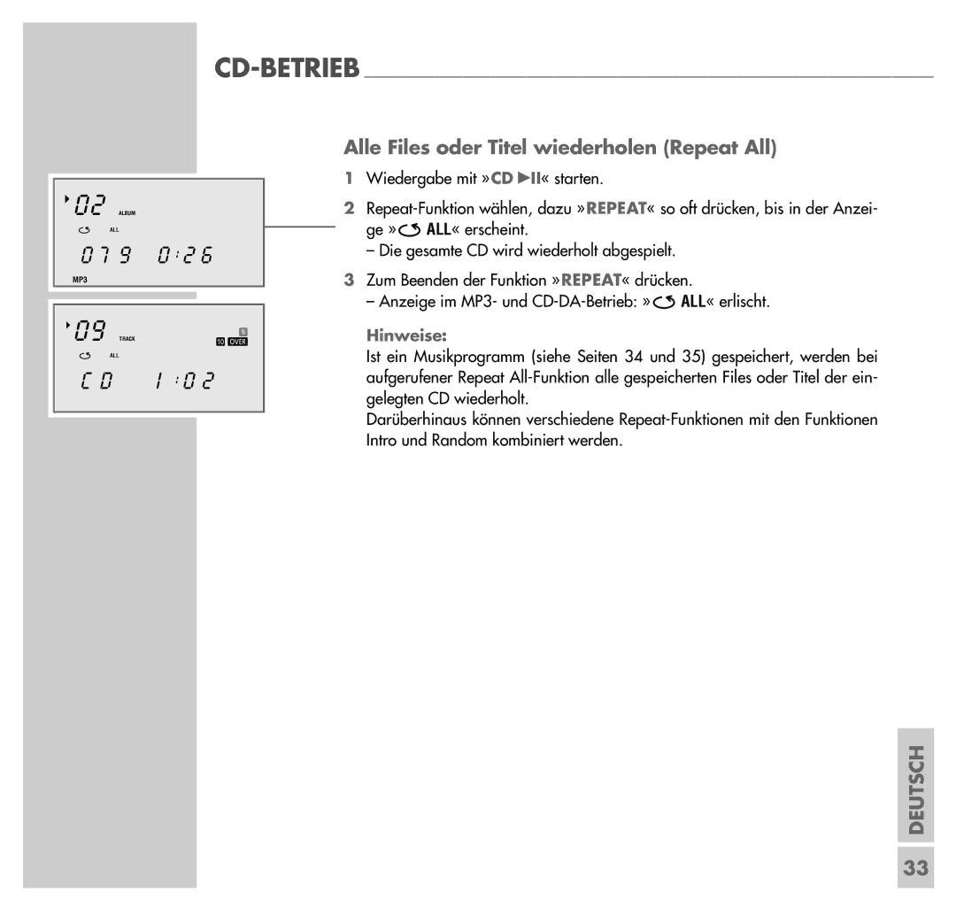 Grundig UMS 4201 SPCD manual Alle Files oder Titel wiederholen Repeat All 