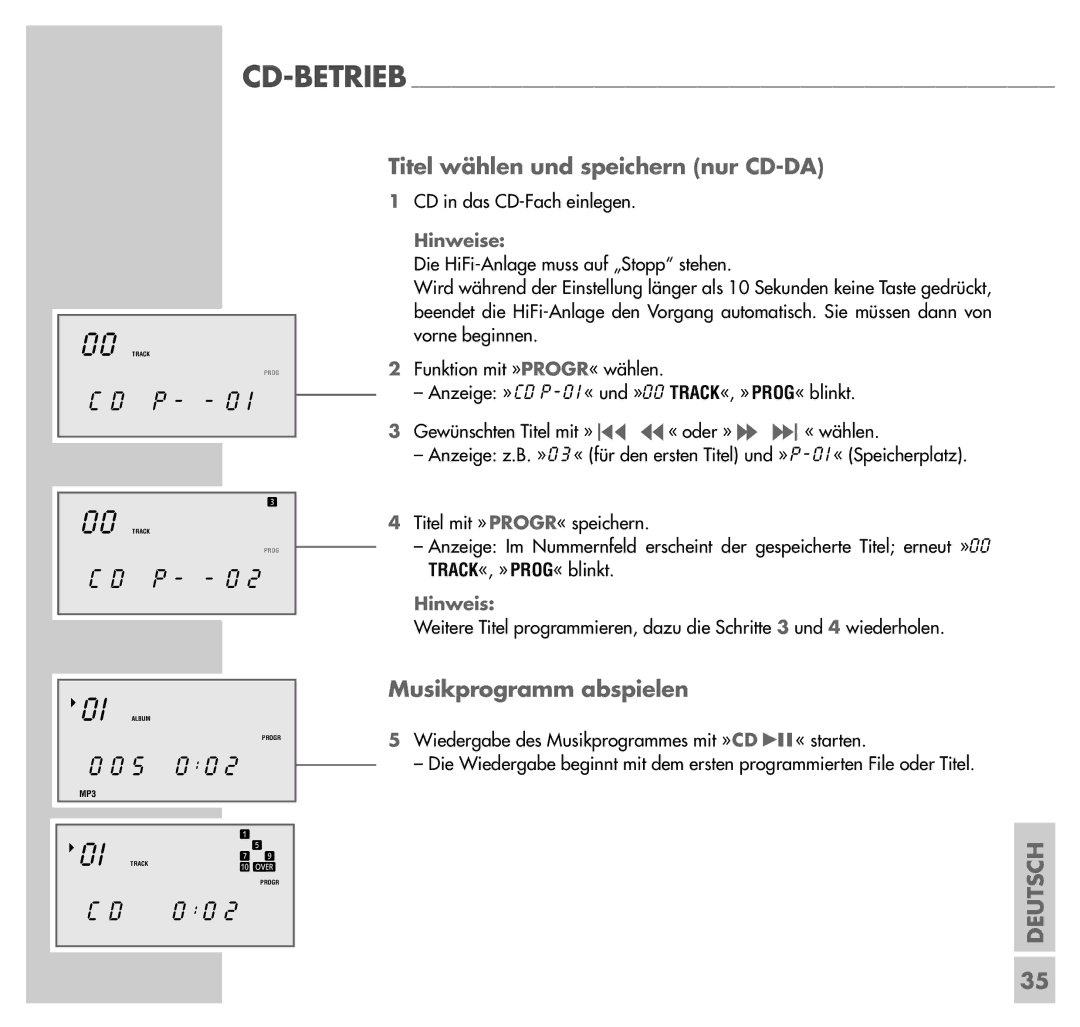 Grundig UMS 4201 SPCD manual Titel wählen und speichern nur CD-DA, Musikprogramm abspielen 