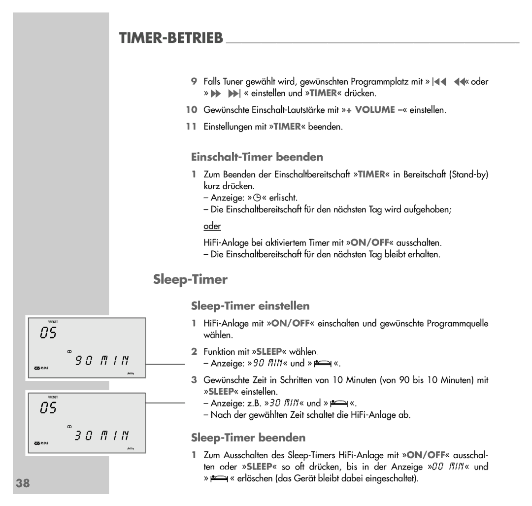 Grundig UMS 4201 SPCD manual Einschalt-Timer beenden, Sleep-Timer einstellen, Sleep-Timer beenden 