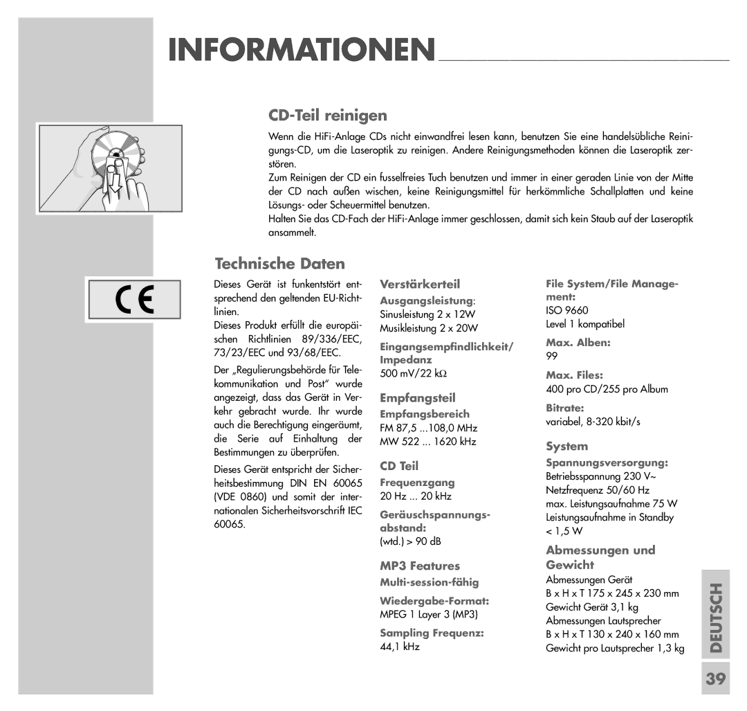 Grundig UMS 4201 SPCD manual CD-Teil reinigen, Technische Daten 