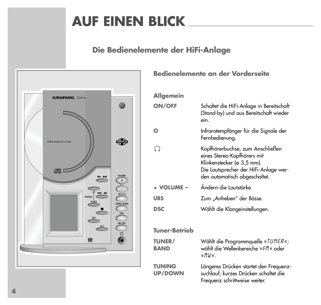 Grundig UMS 4201 SPCD manual Die Bedienelemente der HiFi-Anlage, Bedienelemente an der Vorderseite 