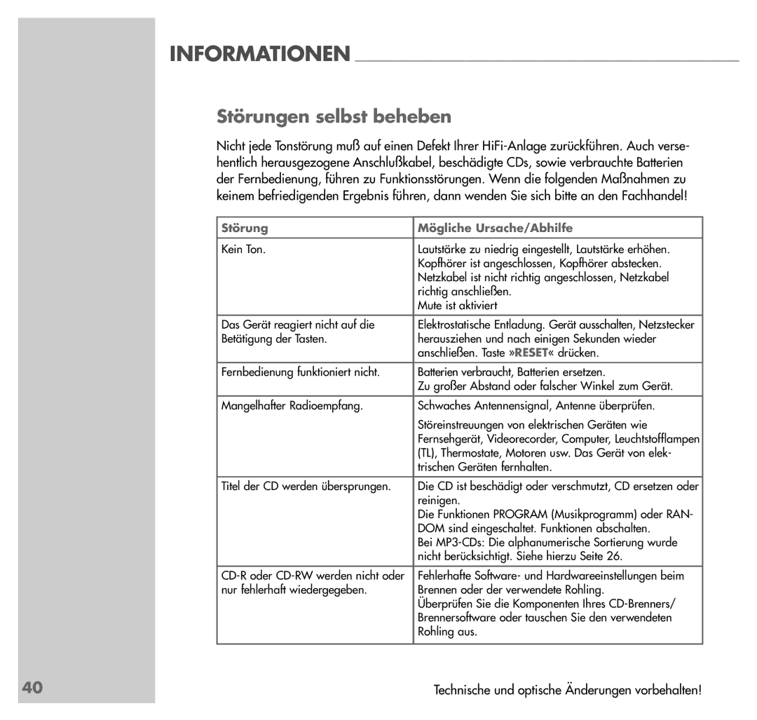 Grundig UMS 4201 SPCD manual Störungen selbst beheben, Störung Mögliche Ursache/Abhilfe 