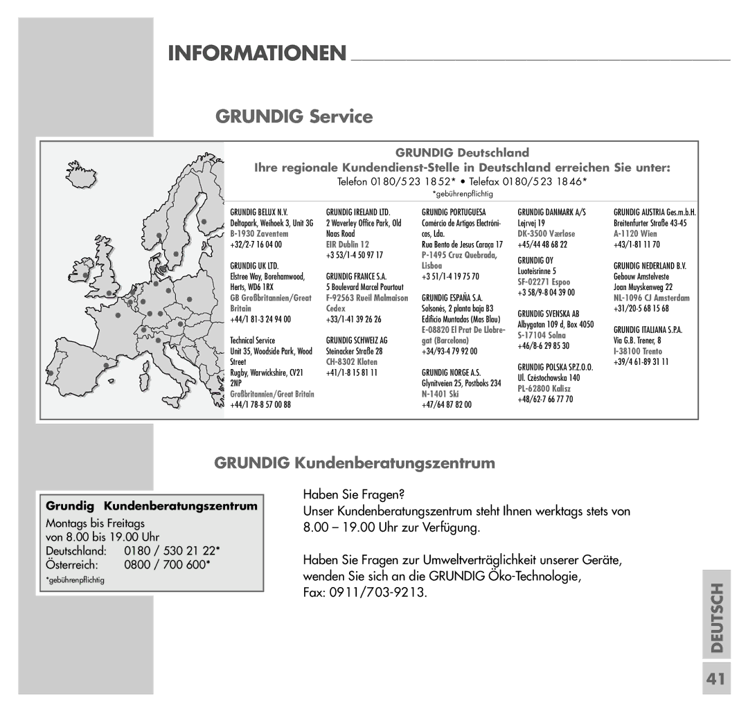 Grundig UMS 4201 SPCD manual Grundig Service, Grundig Kundenberatungszentrum 