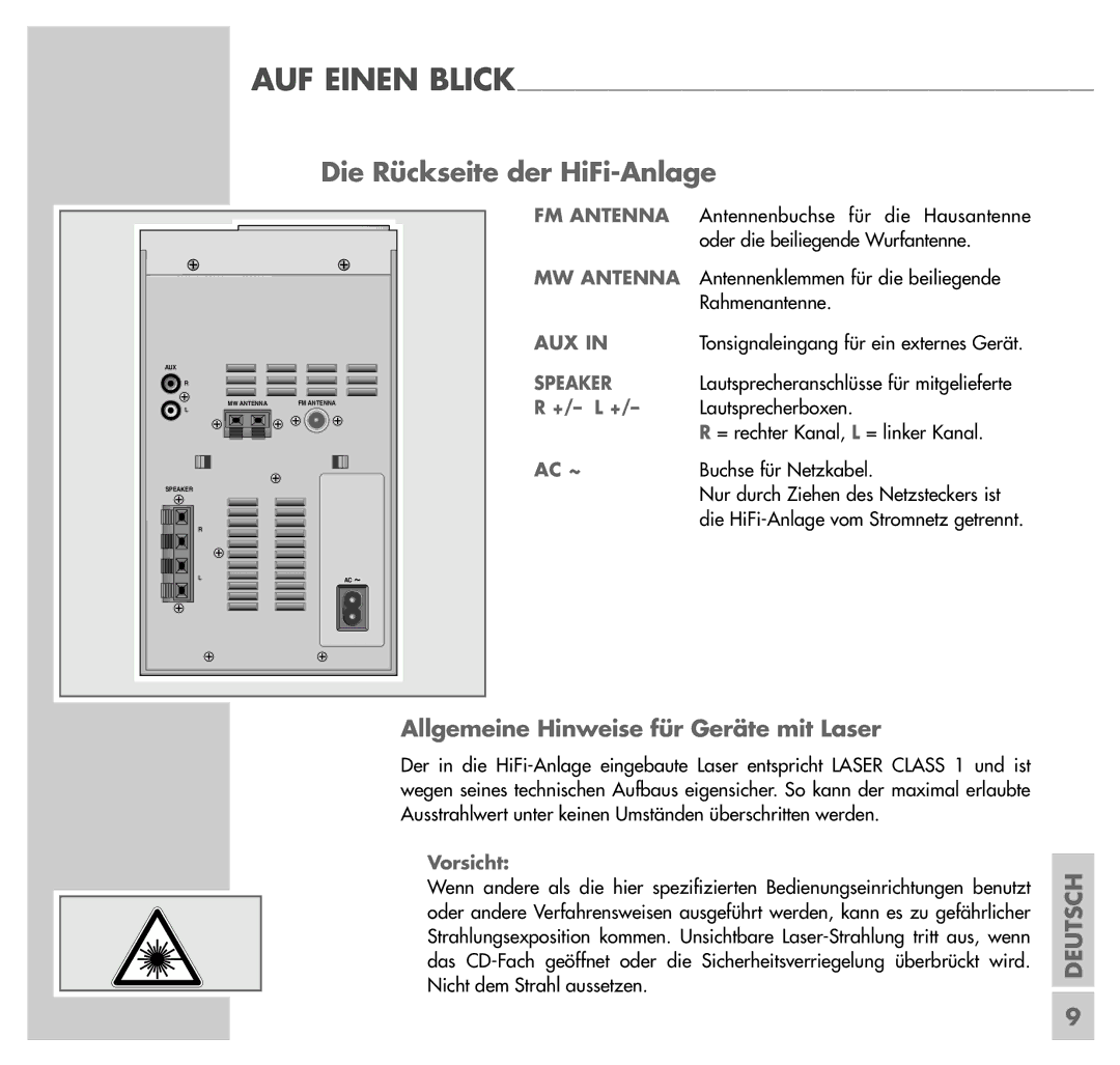 Grundig UMS 4201 SPCD manual Die Rückseite der HiFi-Anlage, Allgemeine Hinweise für Geräte mit Laser 