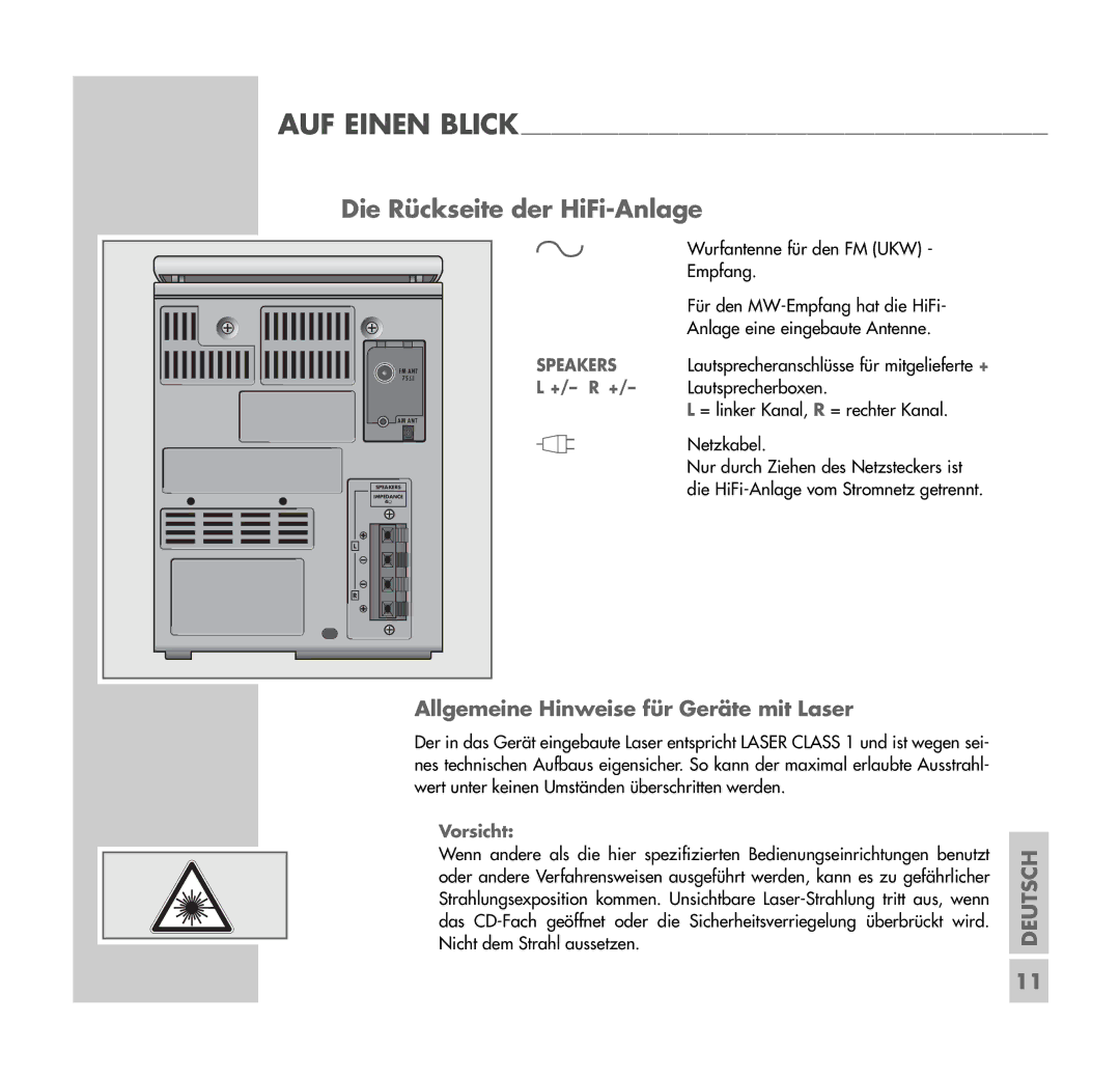 Grundig UMS 4401 SPCD manual Die Rückseite der HiFi-Anlage, Allgemeine Hinweise für Geräte mit Laser, Speakers 