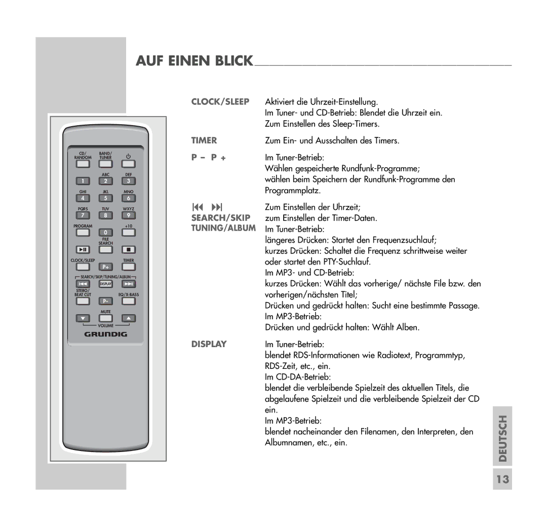 Grundig UMS 4401 SPCD manual Clock/Sleep, Timer, Search/Skip, Tuning/Album, Display 