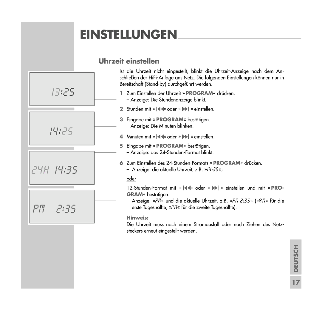 Grundig UMS 4401 SPCD manual 1425, Uhrzeit einstellen 