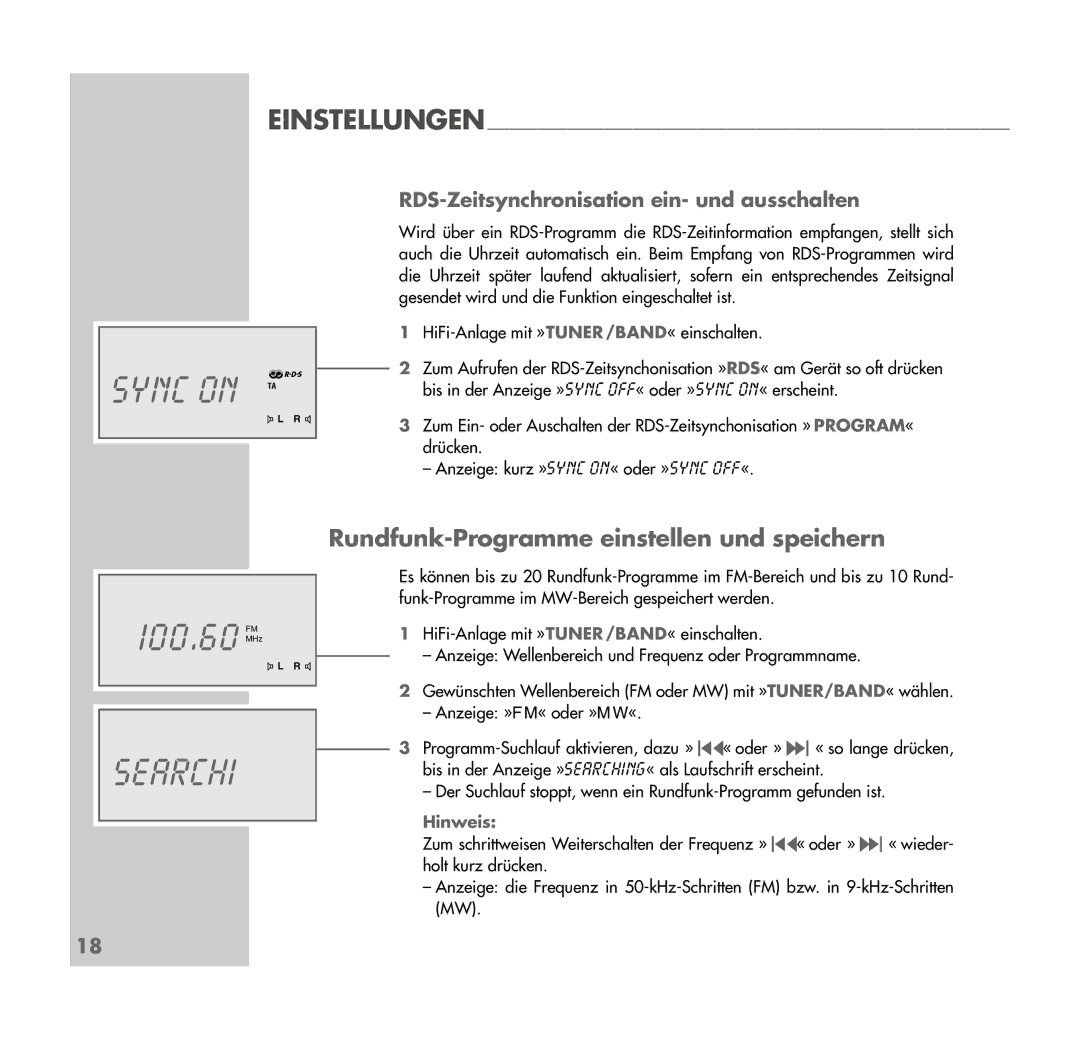 Grundig UMS 4401 SPCD manual Sync on TA, 100.60 FM, Searchi, Rundfunk-Programme einstellen und speichern 