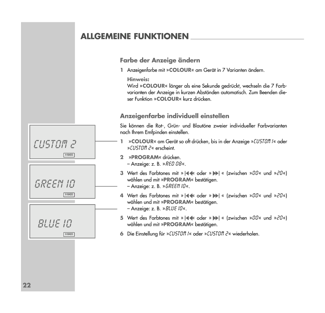 Grundig UMS 4401 SPCD manual Custom, Green, Blue, Farbe der Anzeige ändern, Anzeigenfarbe individuell einstellen 