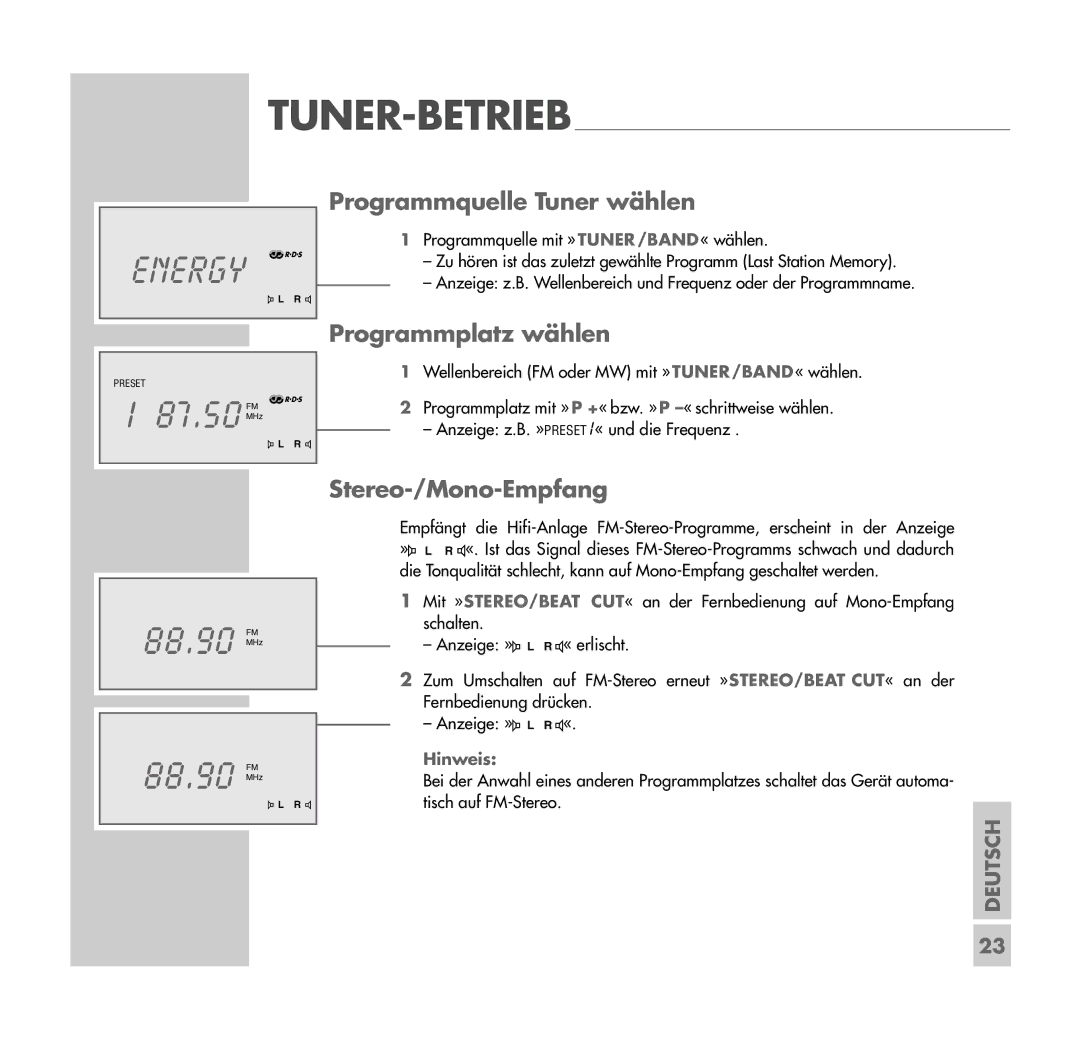 Grundig UMS 4401 SPCD manual 87.50FM f, 88.90 FM, Programmquelle Tuner wählen, Programmplatz wählen, Stereo-/Mono-Empfang 