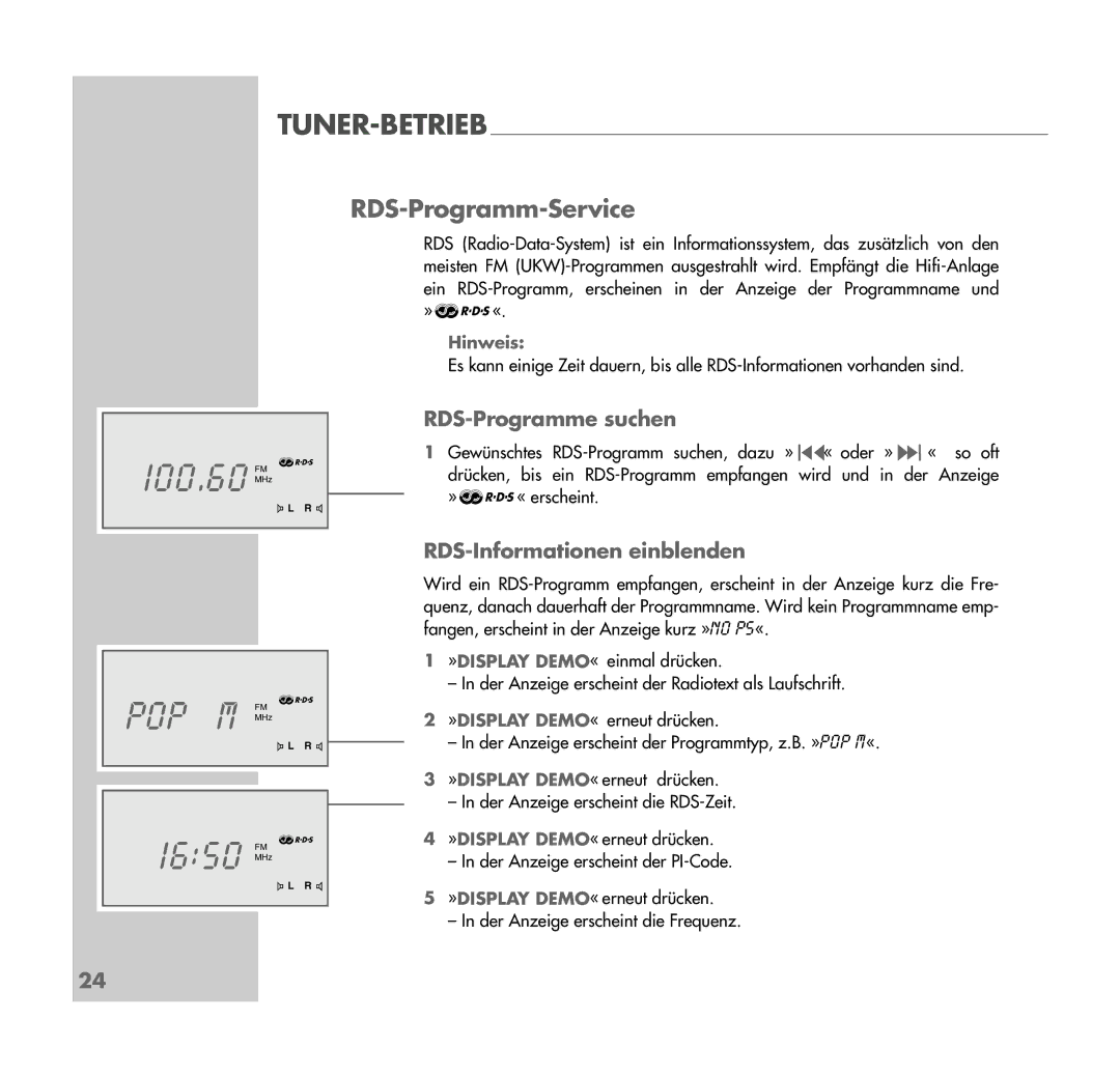 Grundig UMS 4401 SPCD manual FM f, Pop M, RDS-Programm-Service, RDS-Programme suchen, RDS-Informationen einblenden 