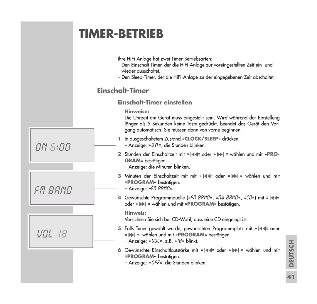 Grundig UMS 4401 SPCD manual FM Band, Einschalt-Timer einstellen 