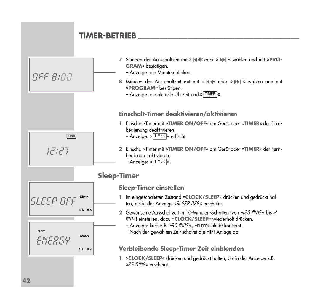 Grundig UMS 4401 SPCD manual Off, Sleep OFF f, Energy f, Sleep-Timer 