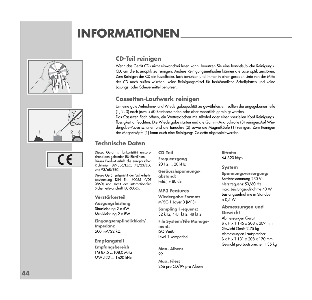 Grundig UMS 4401 SPCD manual CD-Teil reinigen, Cassetten-Laufwerk reinigen, Technische Daten 