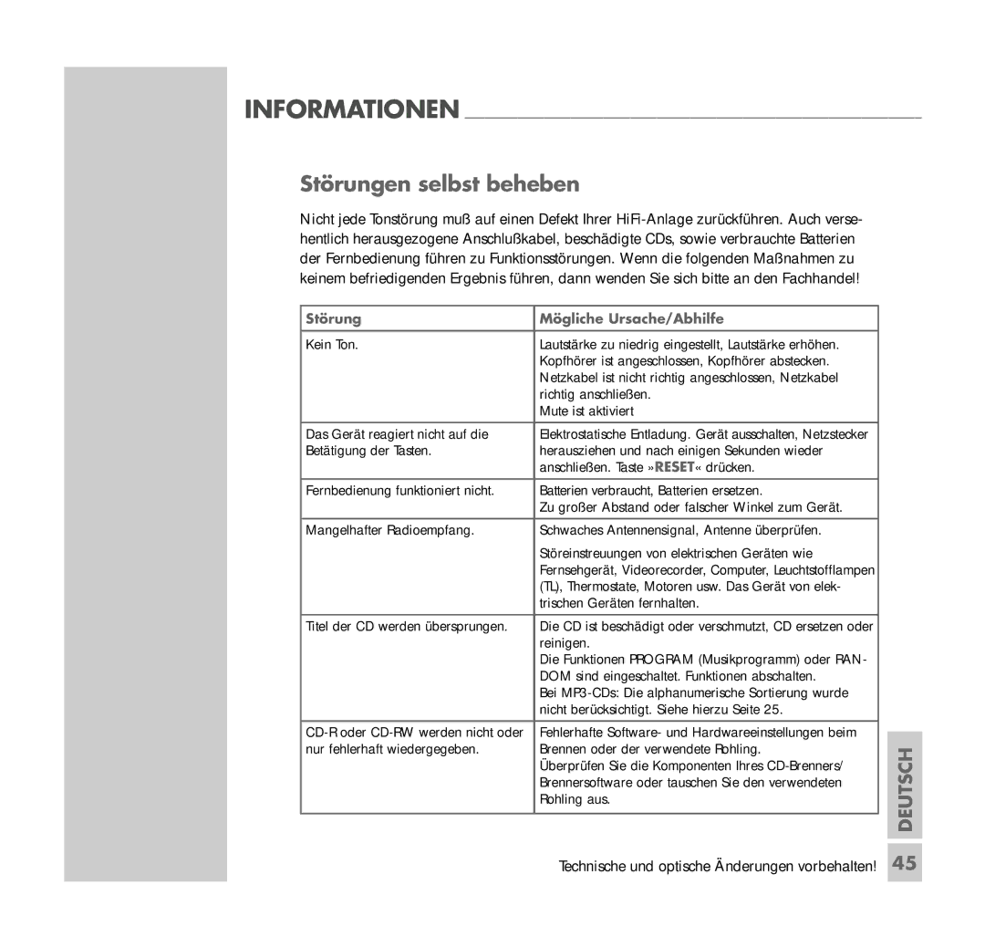 Grundig UMS 4401 SPCD manual Störungen selbst beheben, Störung Mögliche Ursache/Abhilfe 