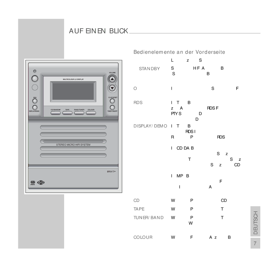 Grundig UMS 4401 SPCD manual Bedienelemente an der Vorderseite 