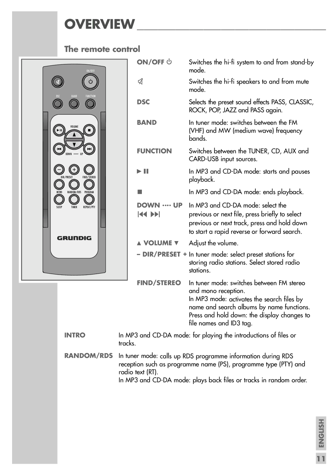 Grundig UMS 4600 DEC manual Remote control, Down, UP In MP3 and CD-DA mode select, Intro 