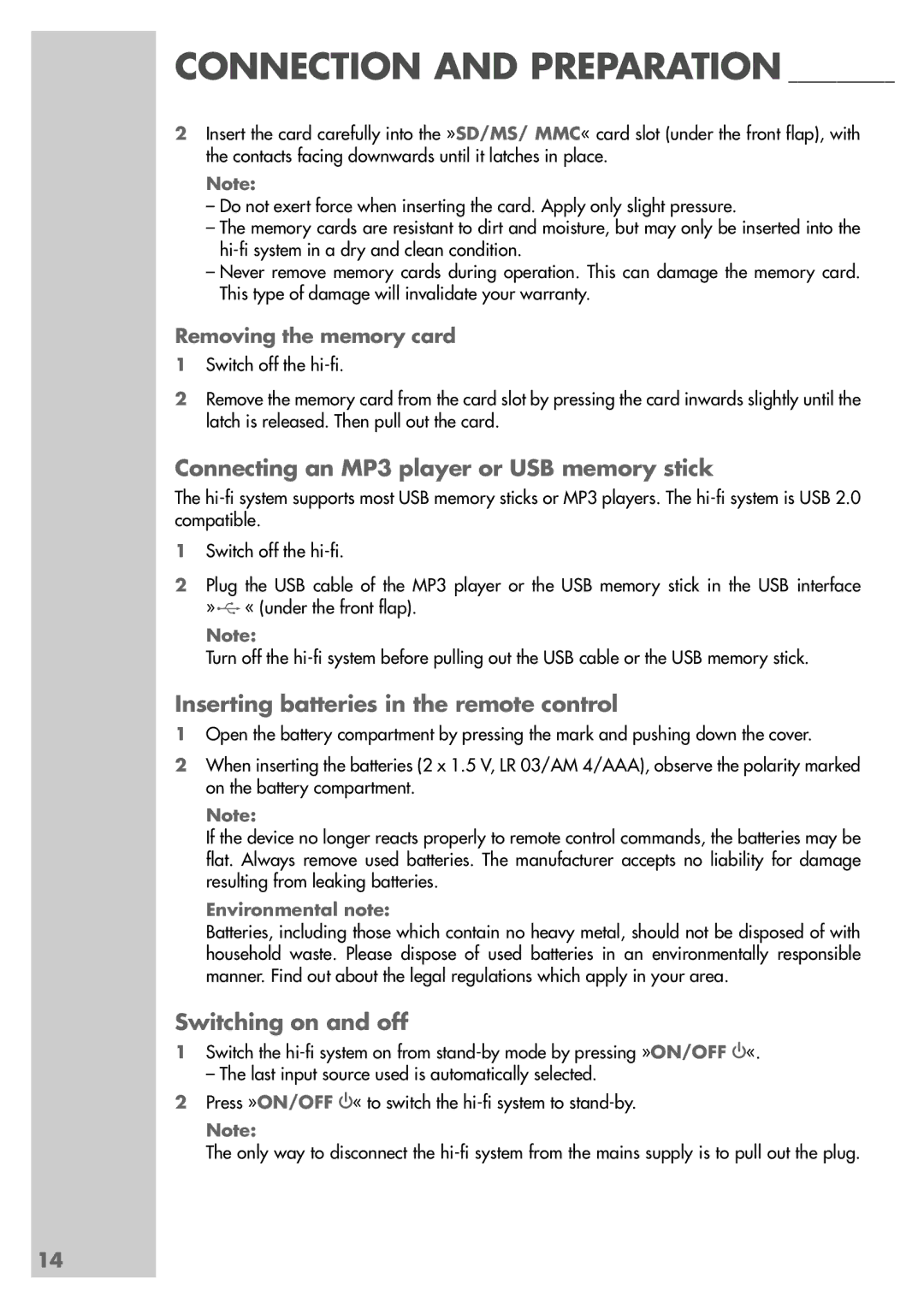 Grundig UMS 4600 DEC manual Connecting an MP3 player or USB memory stick, Inserting batteries in the remote control 