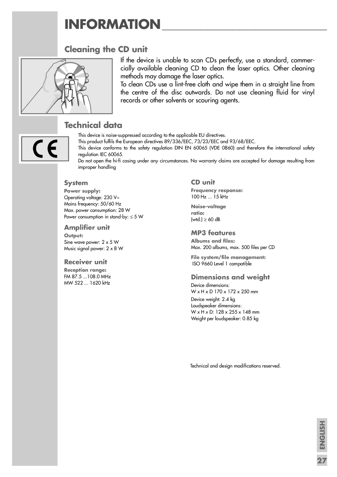 Grundig UMS 4600 DEC manual Cleaning the CD unit, Technical data 