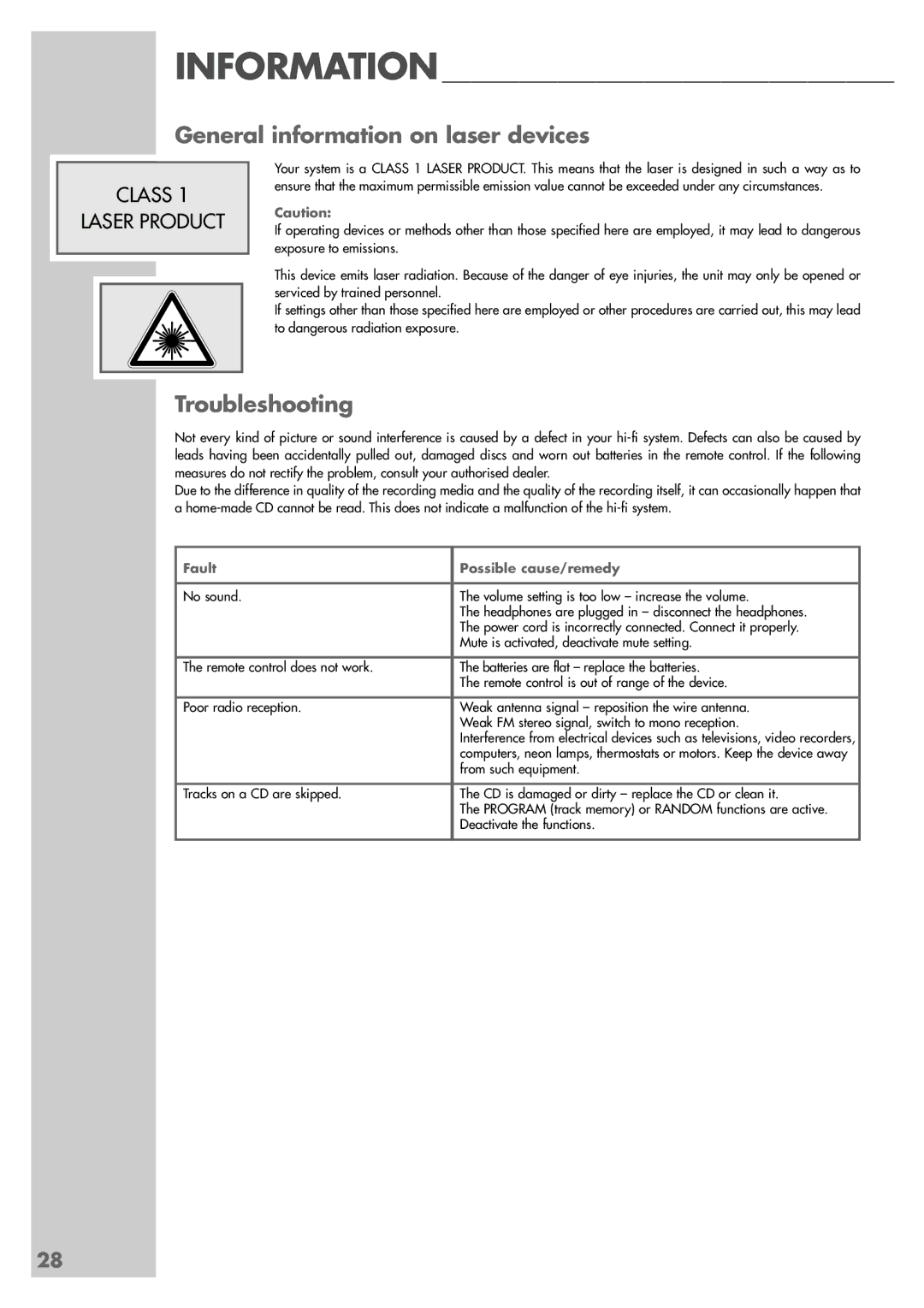 Grundig UMS 4600 DEC manual General information on laser devices, Troubleshooting 