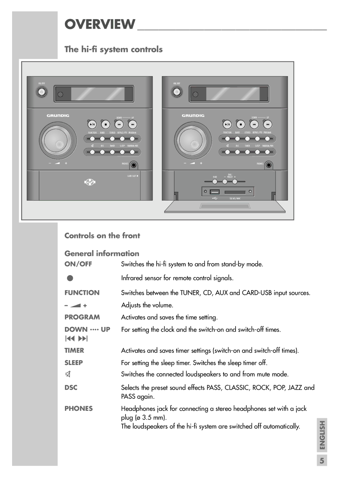 Grundig UMS 4600 DEC manual Hi-fi system controls, Controls on the front General information 