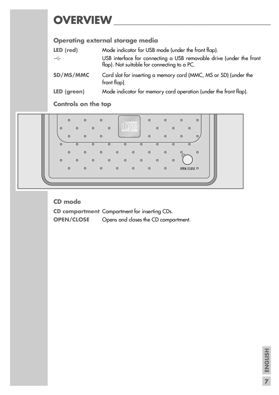 Grundig UMS 4600 DEC manual Operating external storage media, Controls on the top, LED red, Sd/Ms/Mmc, LED green 