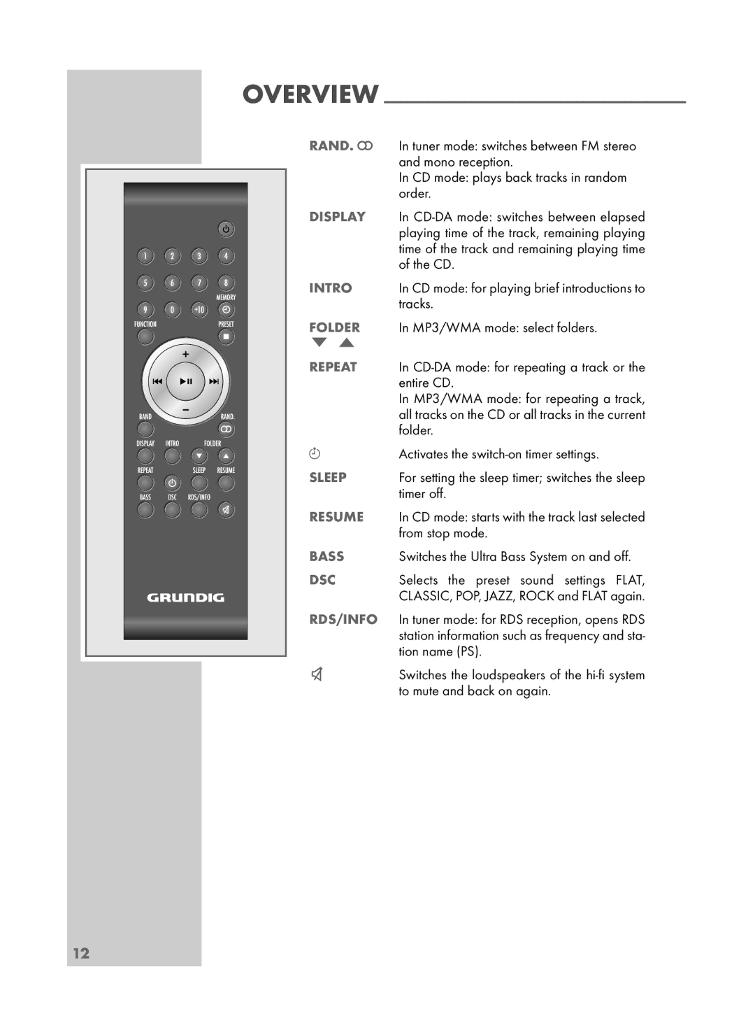 Grundig UMS 4700 SPCD manual Display, Intro, Folder, Repeat, Sleep, Resume, Bass, Dsc, Rds/Info 