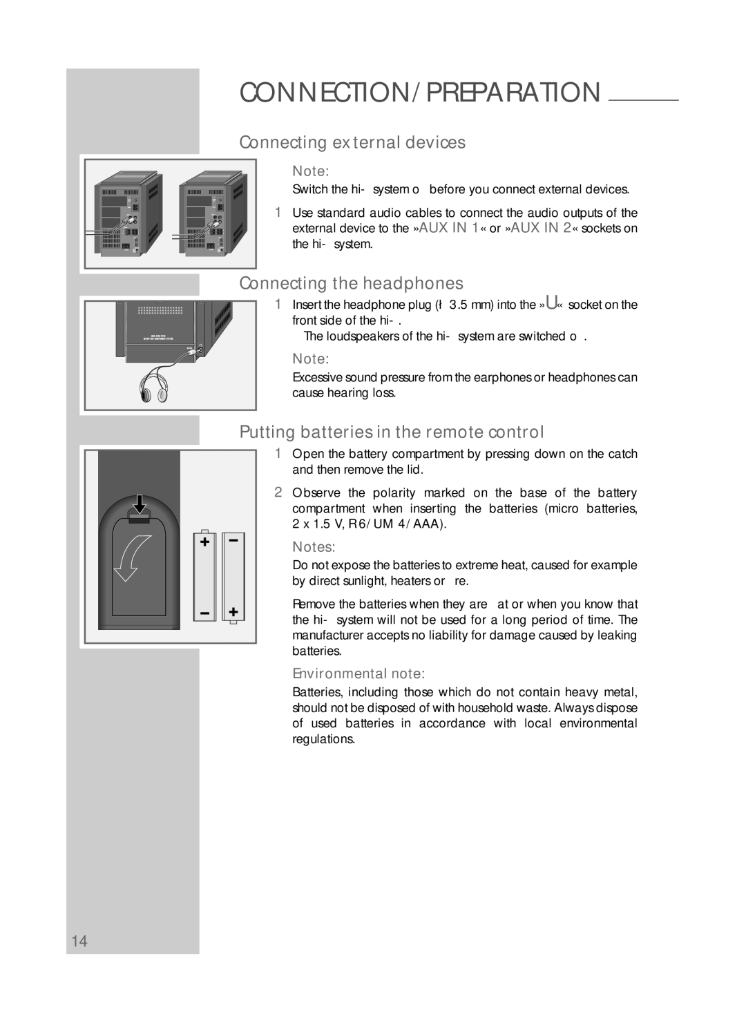 Grundig UMS 4700 SPCD Connecting external devices, Connecting the headphones, Putting batteries in the remote control 