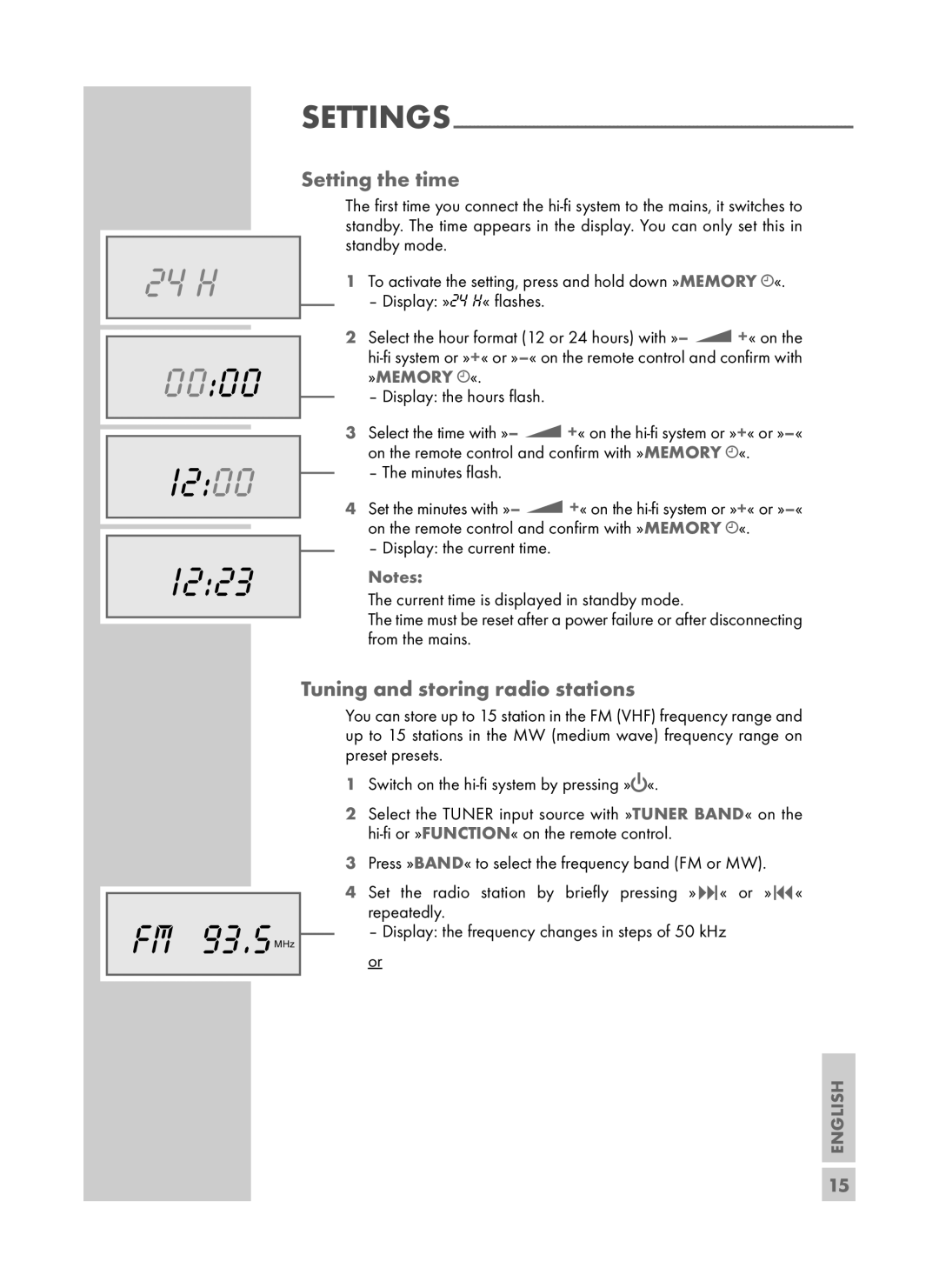 Grundig UMS 4700 SPCD manual 0000 1200 1223, Setting the time, Tuning and storing radio stations, Minutes ﬂash 